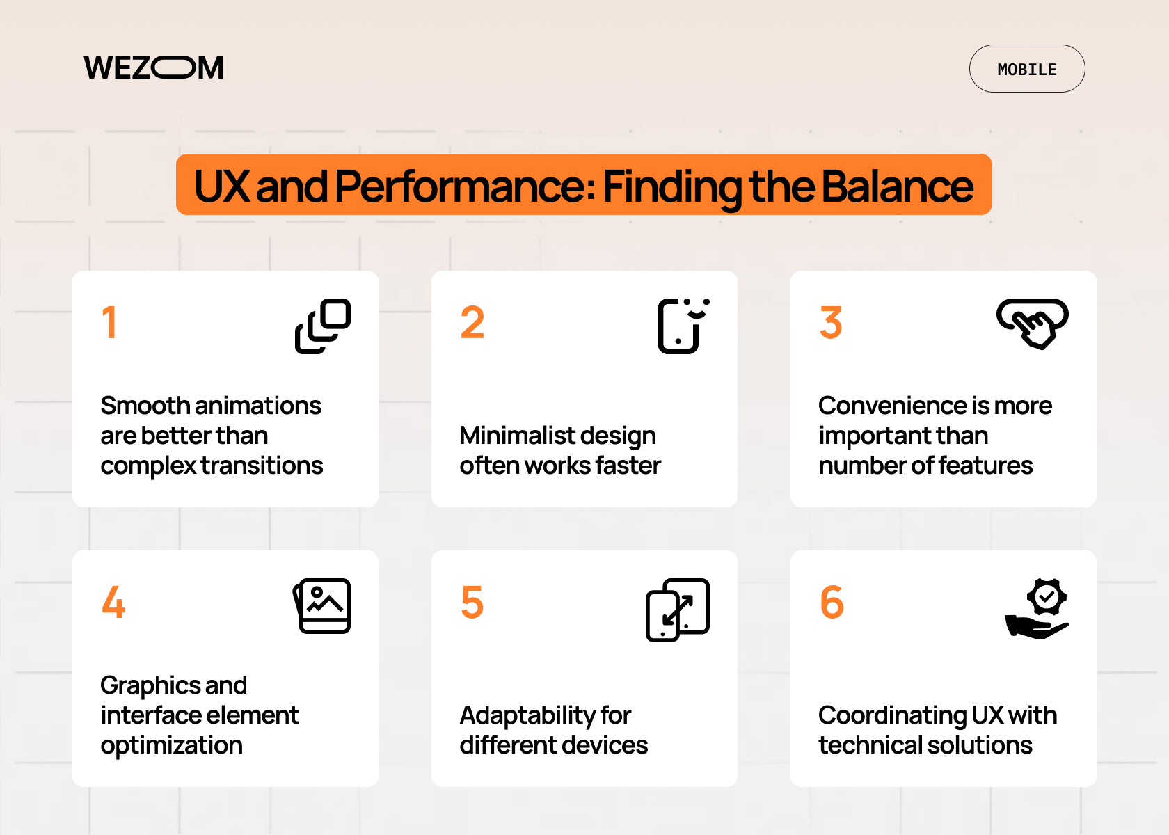UX and performance optimization for mobile apps – balancing design simplicity, speed, adaptability, and user convenience.